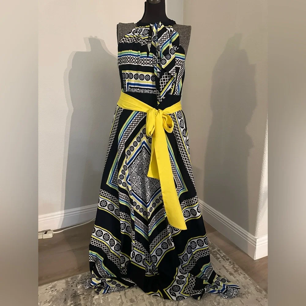 Eliza J NWOT blue and yellow handkerchief halter dress - Picture 1 of 6